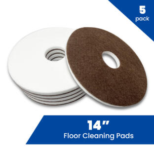 Pack of 5 round 14" diameter melamine eraser floor cleaning pads. One side is melamine eraser sponge, and the back is a scrubby material that attaches to the floor machine pad holder.