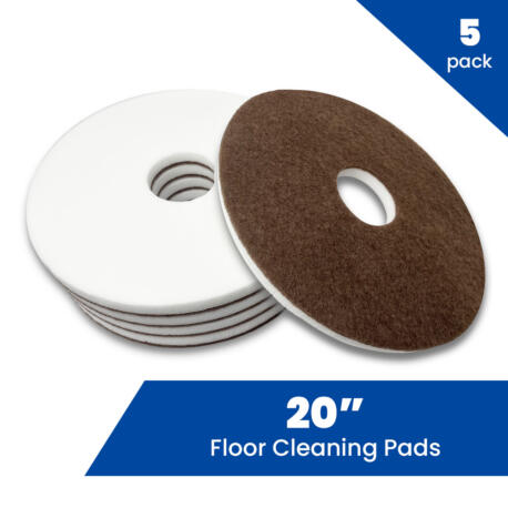 Pack of 5 round 17" diameter melamine eraser floor cleaning pads. One side is melamine eraser sponge, and the back is a scrubby material that attaches to the floor machine pad holder.