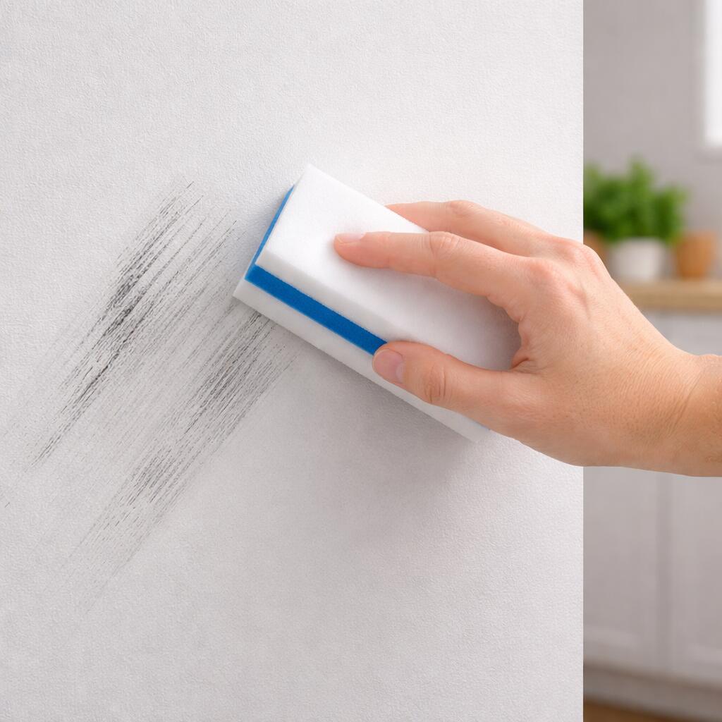 Hand removing black scuff marks from a painted wall with a melamine eraser sponge, showing how eraser sponges easily clean wall marks and surface scuffs.