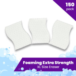A bulk pack of 150 Foaming eraser sponges with soap bubbles. Large size, extra strength melamine eraser sponges come pre-soaped for easy cleaning. The eraser sponges are a wavy shape.