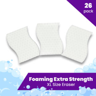 A pack of 26 Foaming eraser sponges with soap bubbles. Large size, extra strength melamine eraser sponges come pre-soaped for easy cleaning. The eraser sponges are a wavy shape.