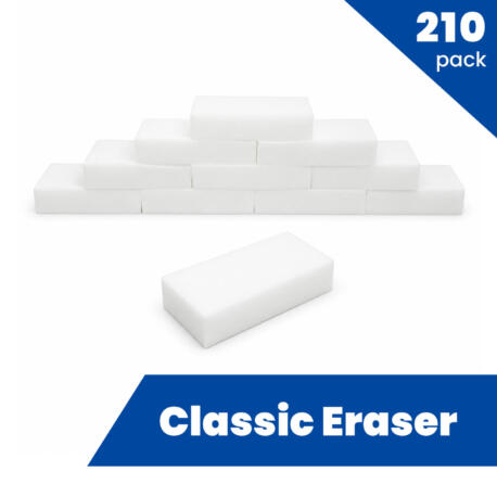 A stack of melamine foam eraser sponges with one eraser sponge in front to show length. Sponge Outlet bulk eraser sponges, compare to the Mr.Clean Magic Eraser.