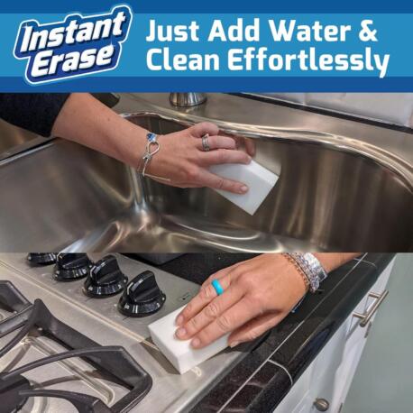 Cleaning a sink and stovetop with our magic eraser sponges. Just add water and clean effortlessly.