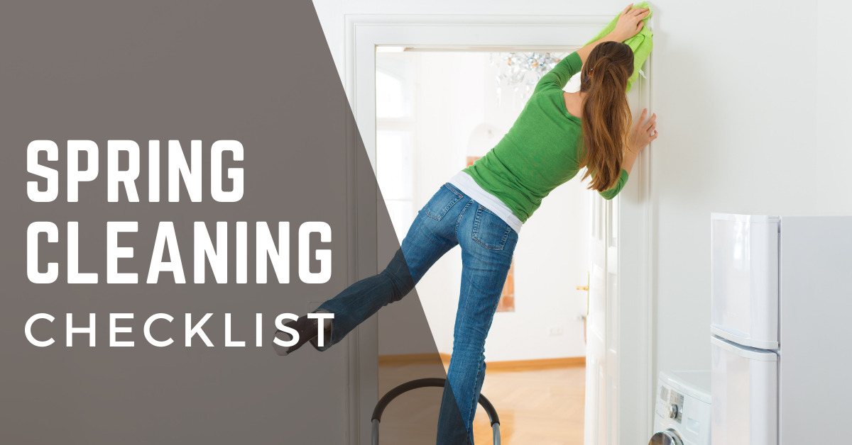 woman standing a step stool cleaning a doorway baseboard with the words SPRING CLEANING checklist over the image