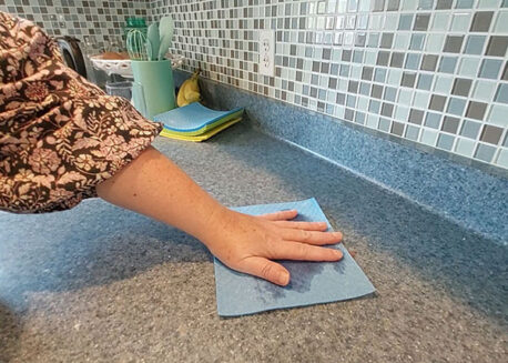 Use IE Swedish Dishcloths to wipe up spills. More durable than a paper towel will not rip or shred.