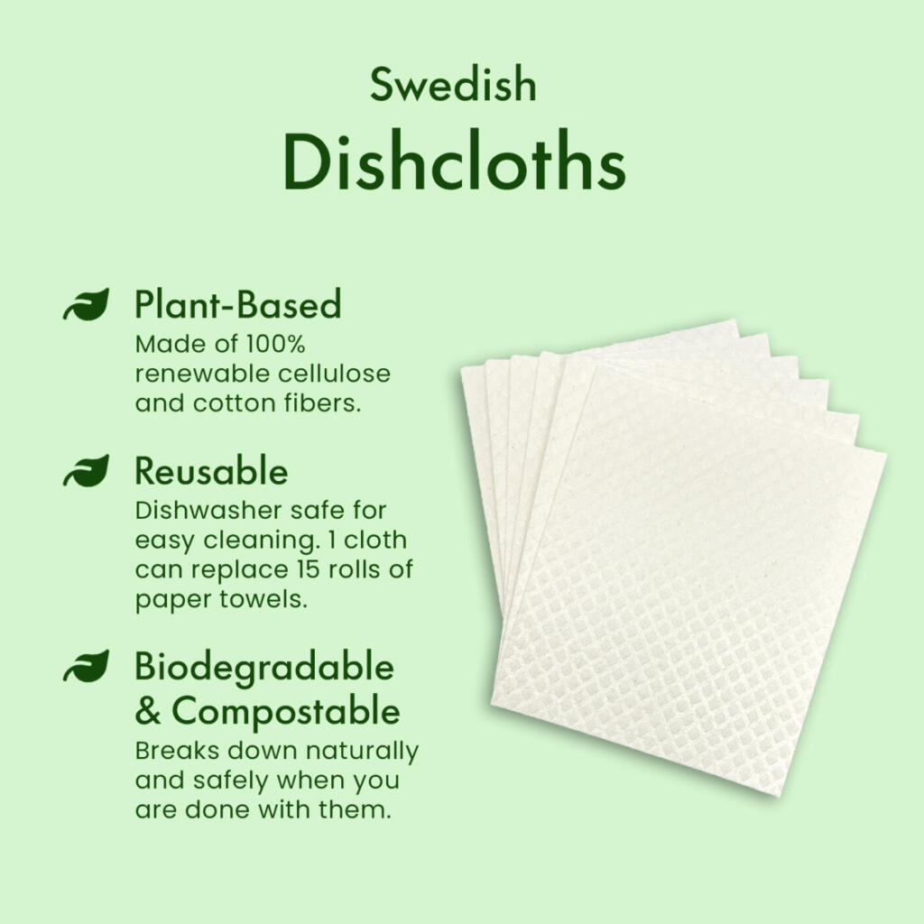 Infographic explaining how our Swedish Dishcloths are Plant Based - Made of 100% renewable cellulose and cotton fibers. They are also Reusable, and dishwasher safe for easy cleaning. 1 cloth can replace 15 rolls of paper towels. They are also biodegradable and compostable. They break down naturally and safely when you are done with them.