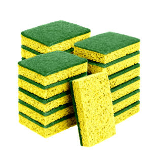 Stack of 18 Instant Erase non-scratch cleaning sponges with durable scrubber pads, designed for kitchen dishwashing, cookware cleaning, and everyday household scrubbing tasks.