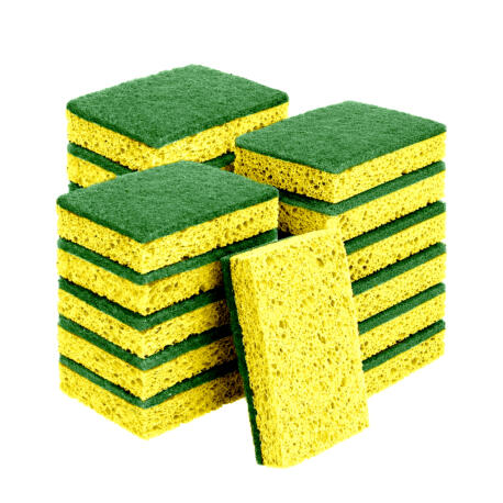 Stack of 18 Instant Erase non-scratch cleaning sponges with durable scrubber pads, designed for kitchen dishwashing, cookware cleaning, and everyday household scrubbing tasks.