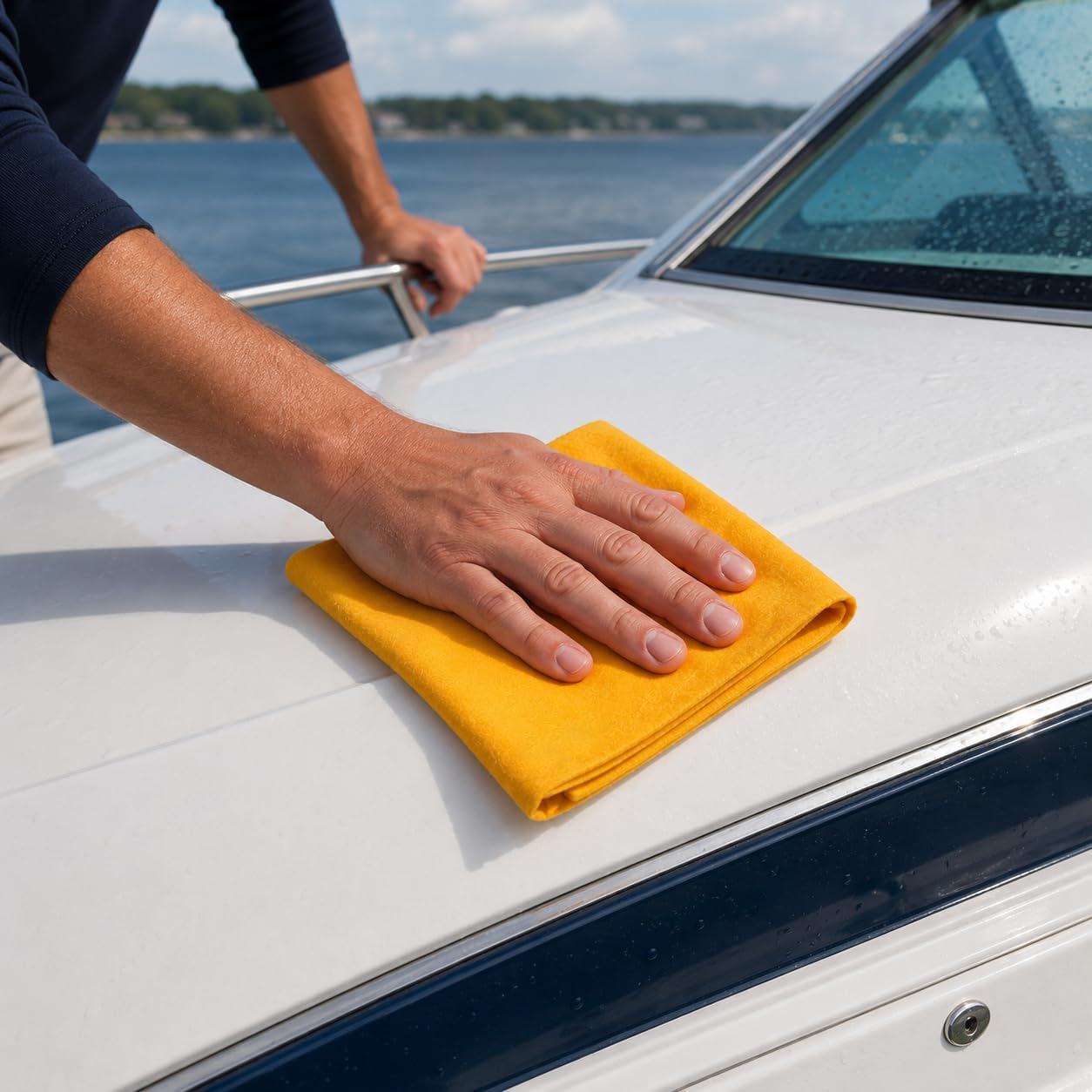 Professional boat detailer drying a fiberglass boat with a large shammy chamois towel for marine cleaning and water spot removal