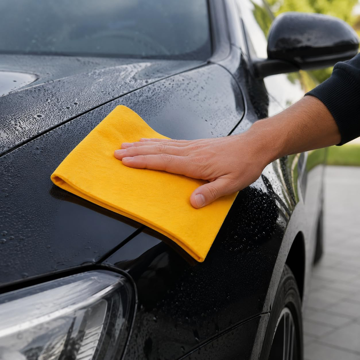 Auto detailer drying a car exterior with a large absorbent shammy chamois towel for streak free vehicle cleaning