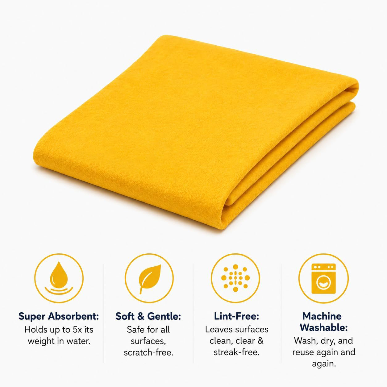 Large shammy chamois towel benefits graphic showing super absorbent drying cloth that holds up to 5x its weight in water, soft scratch-free surface, lint-free cleaning, and machine washable reusable design