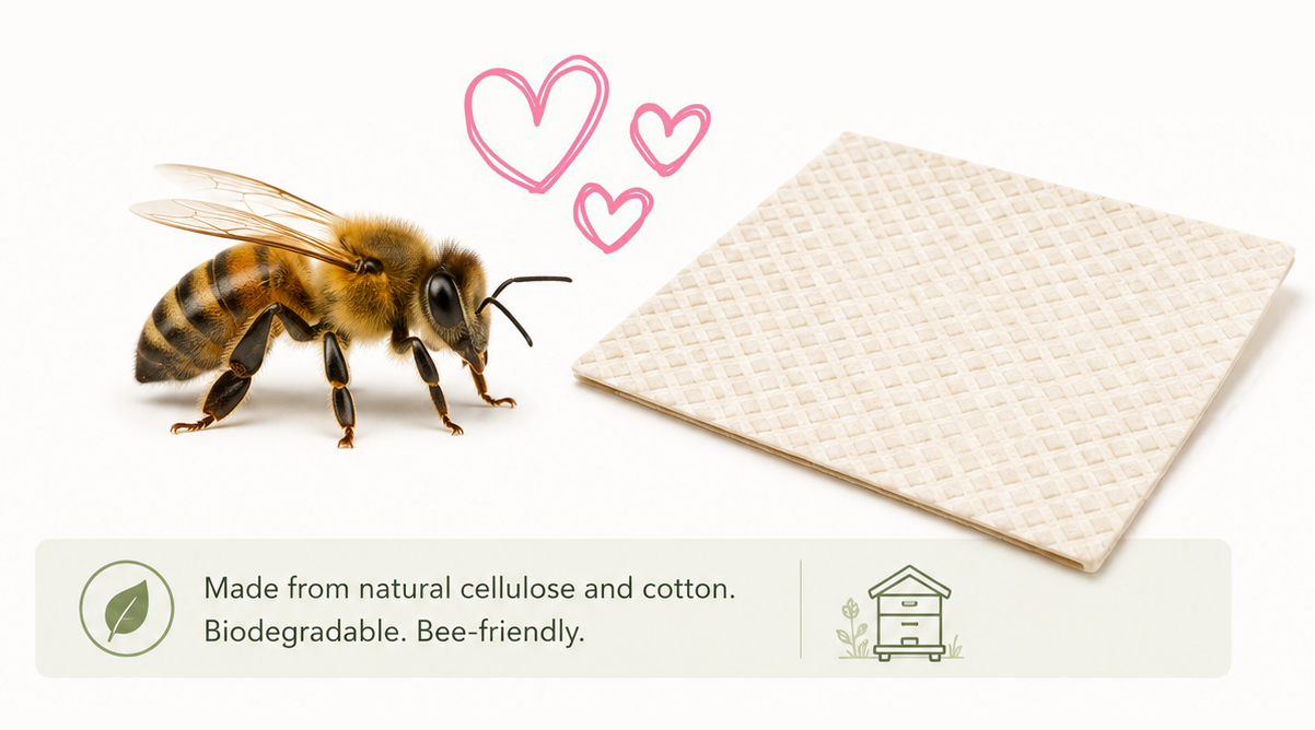 A closeup of a bee next to a Swedish dishcloth with little hearts around it. The image is captioned "Made from natural cellulose and cotton. Biodegradable. Bee Friendly.
