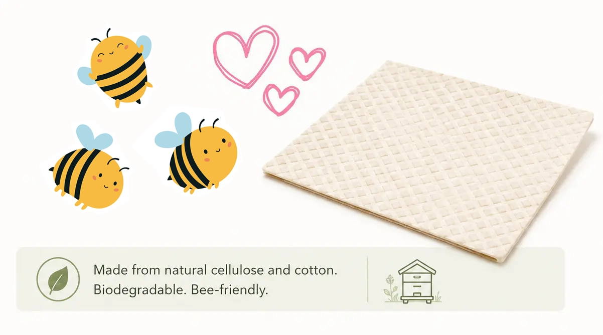 A group of bees next to a Swedish dishcloth with little hearts around it. The image is captioned "Made from natural cellulose and cotton. Biodegradable. Bee Friendly.